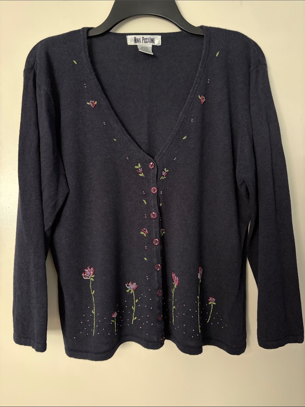 Nina Piccalino Vintage Navy Knit Top with garden floral beading pattern, size 16